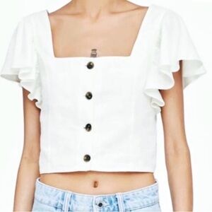 Zara White Square-Neck Ruffle Sleeve Button-Down Crop Top Sz-Small